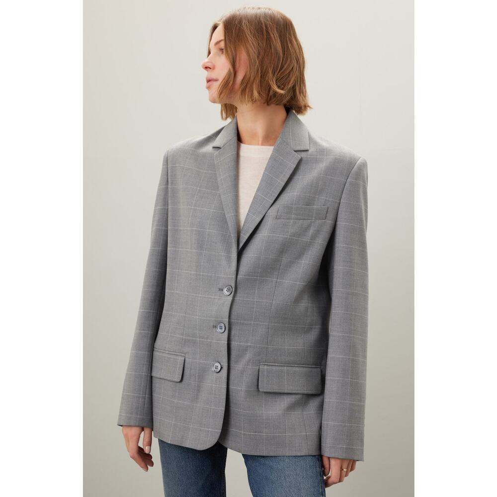 Marissa Webb Madison Boyfriend Blazer Gray Button Front Plaid Wool Sz M
